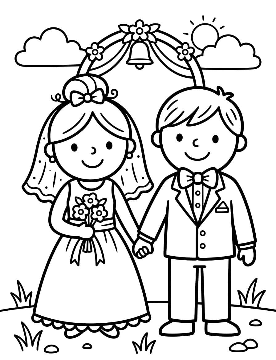 Nevěsta a ženich k vytisknutí zdarma omalovánka
