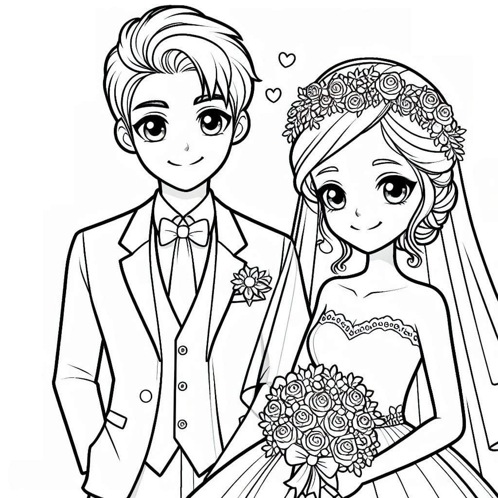 Nevěsta a ženich snadný tisknutelné omalovánka