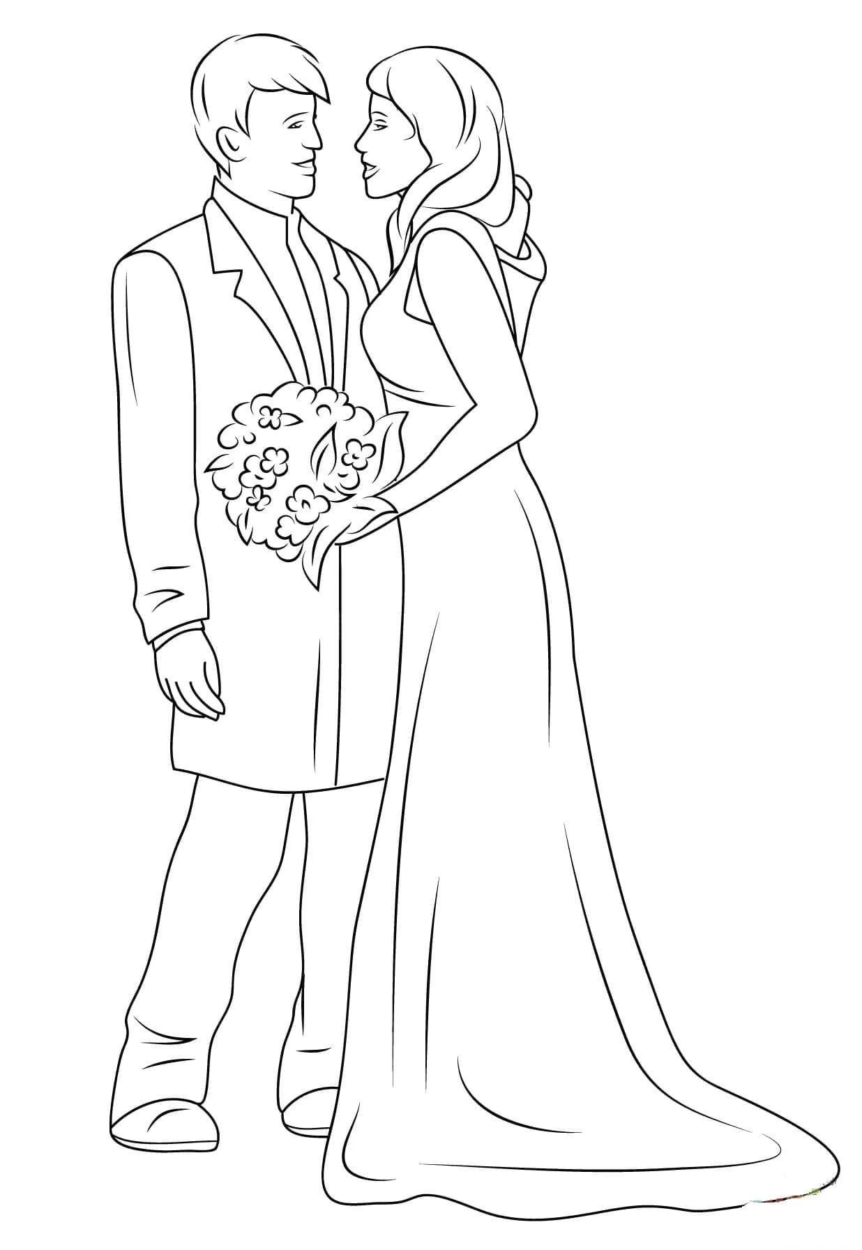 Nevěsta a ženich tisknutelné pro děti omalovánka
