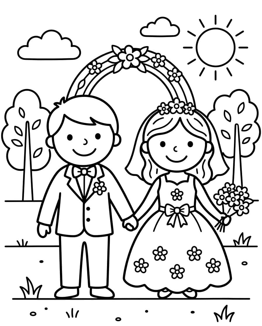 Nevěsta a ženich zdarma pro děti omalovánka