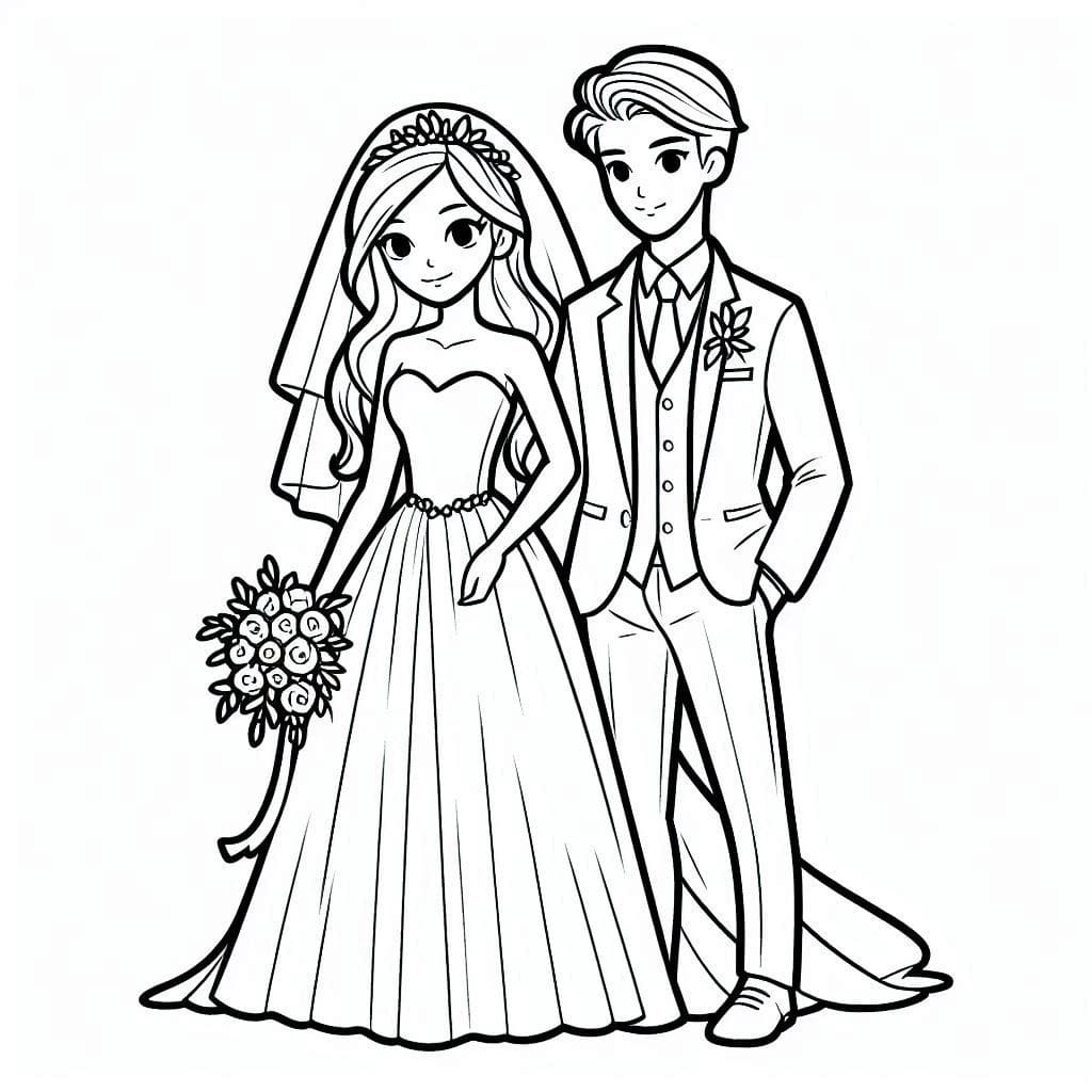 Nevěsta a ženich zdarma snadný tisknutelné omalovánka