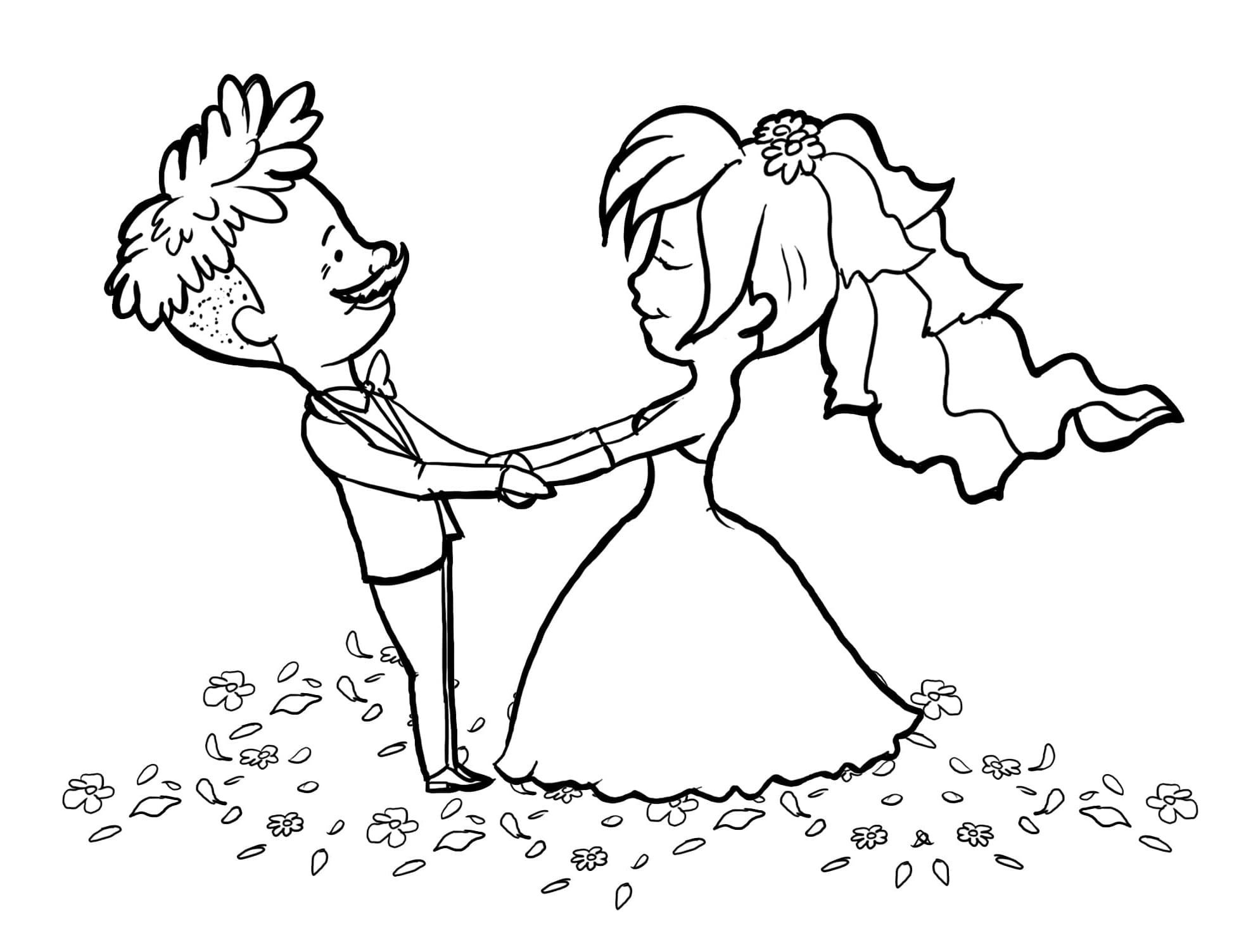 Nevěsta a ženich zdarma základní tisknutelné omalovánka